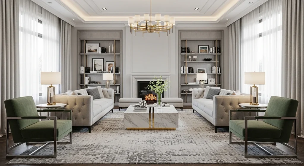 Luxury living room with balanced symmetrical furniture layout