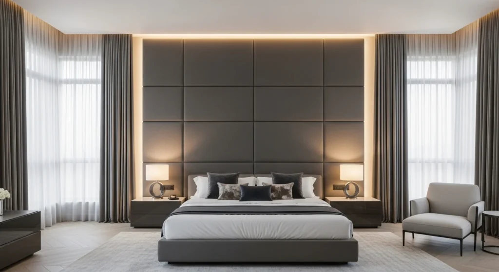 Luxurious bedroom with upholstered wall panels behind the bed