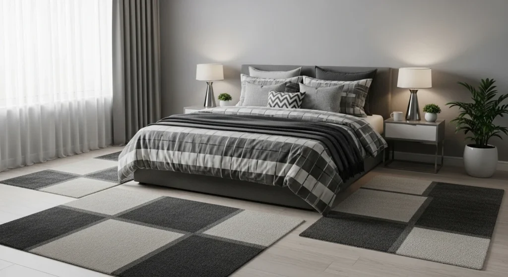 Gray bedroom with patterned bedding and decorative rugs