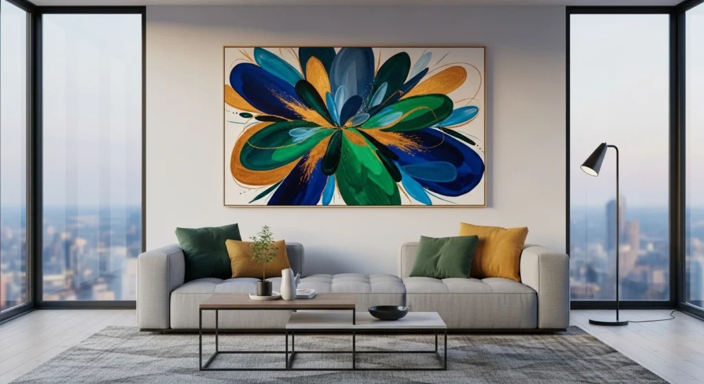 Living room with large abstract wall art above sofa, modern 2026 interior