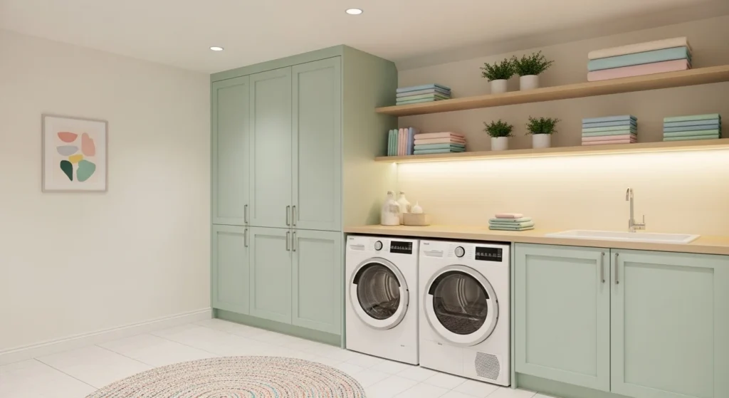 Soft pastel mint laundry room with white appliances and modern decor