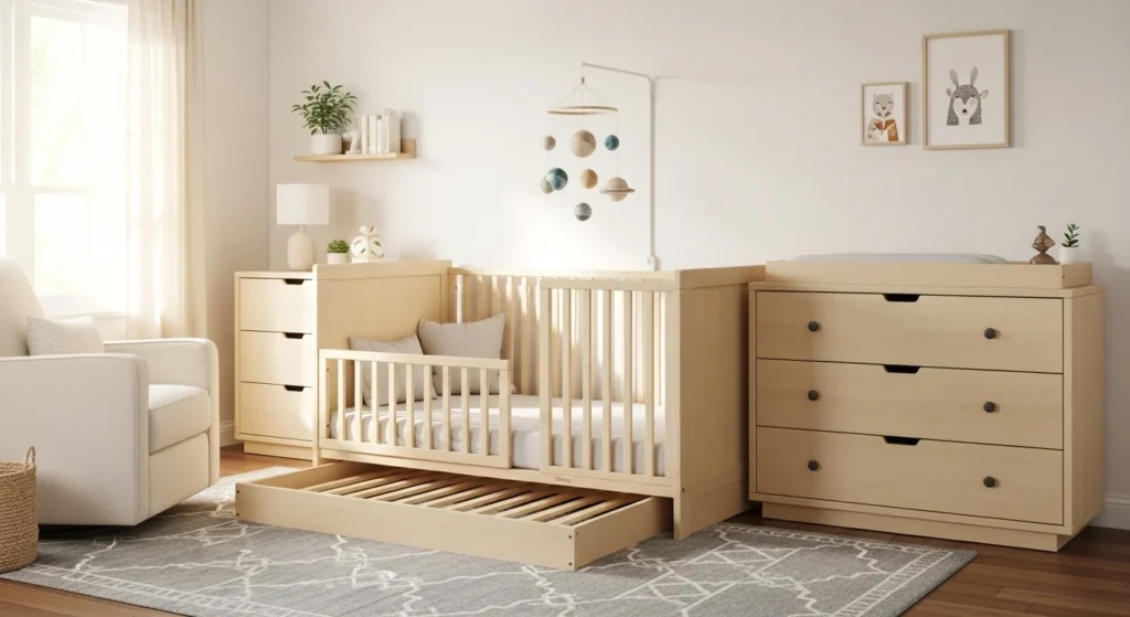 Modern nursery with convertible crib and built-in storage drawers