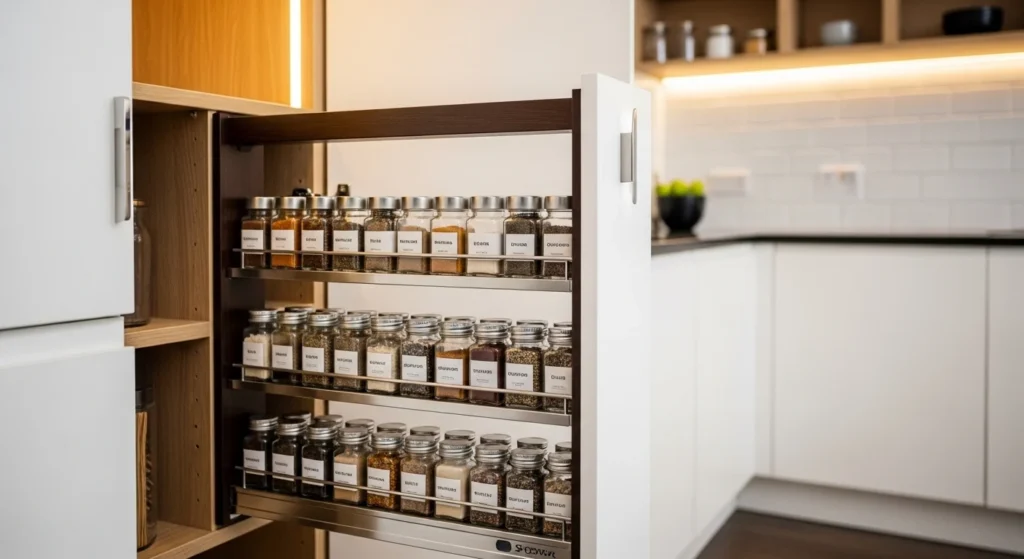 Pantry with slim pull-out spice rack, organized spice jars, and modern cabinetry