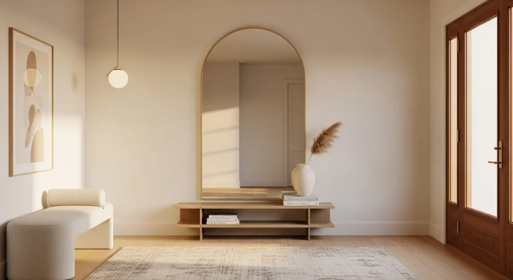 tylish entryway featuring arched mirror and soft neutral decor