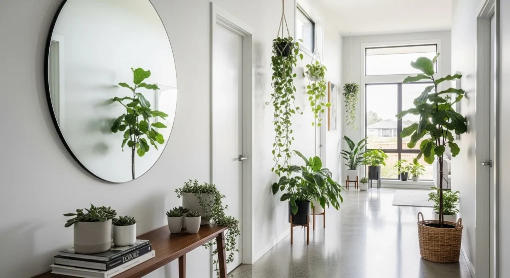 Bright hallway styled with indoor plants and natural decor elements
