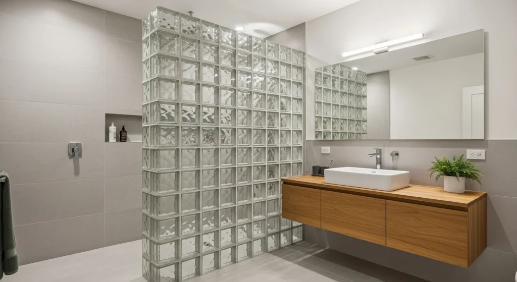 Shower wall made of glass blocks allowing light while maintaining privacy