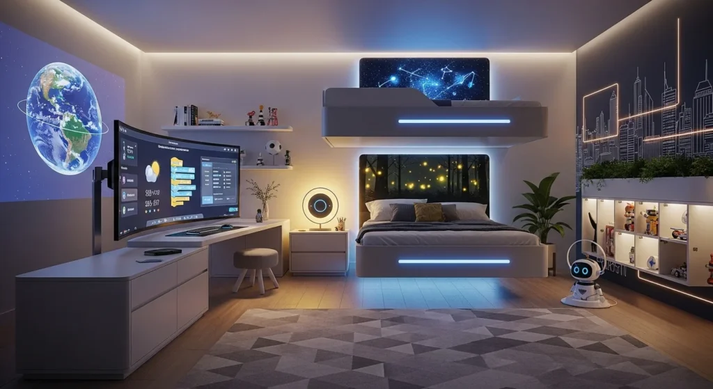 modern kids room with smart lighting and tech friendly setup