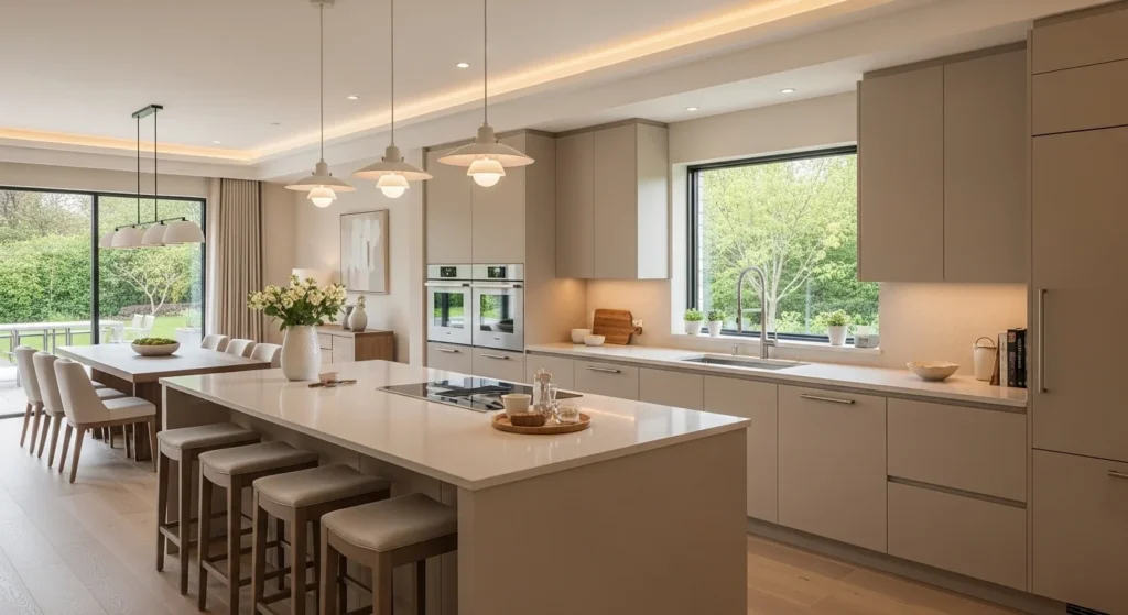 Elegant beige toned open kitchen with warm neutral modern styling