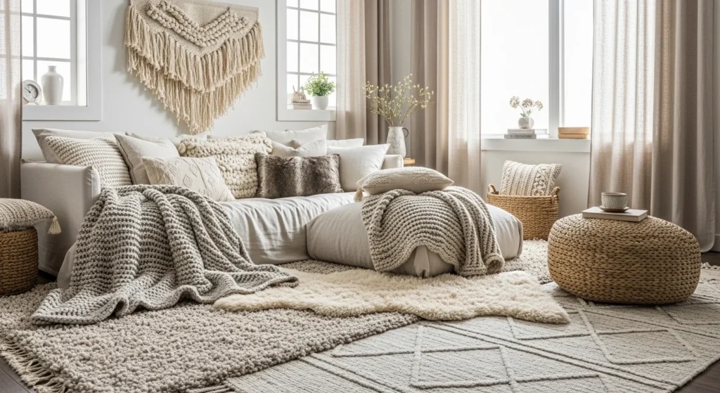 Apartment decorated with layered rugs, cushions, and soft cozy fabrics