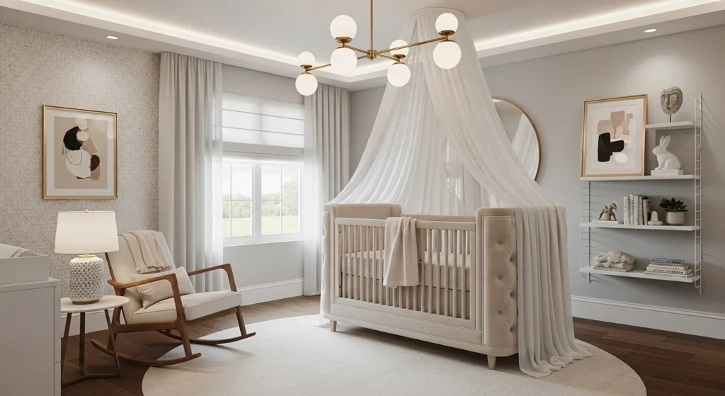 Luxury nursery with plush crib, elegant lighting, soft textiles, modern cozy 2026 interior