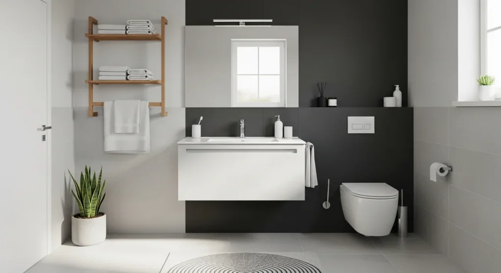 Small bathroom with floating towel rack, organized modern 2026 interior
