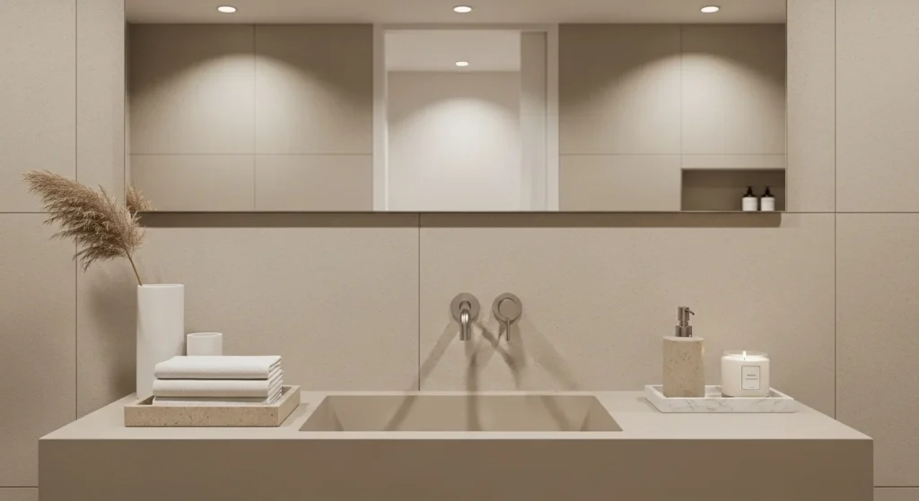 Bathroom sink decorated with beige and white accessories for calming modern look