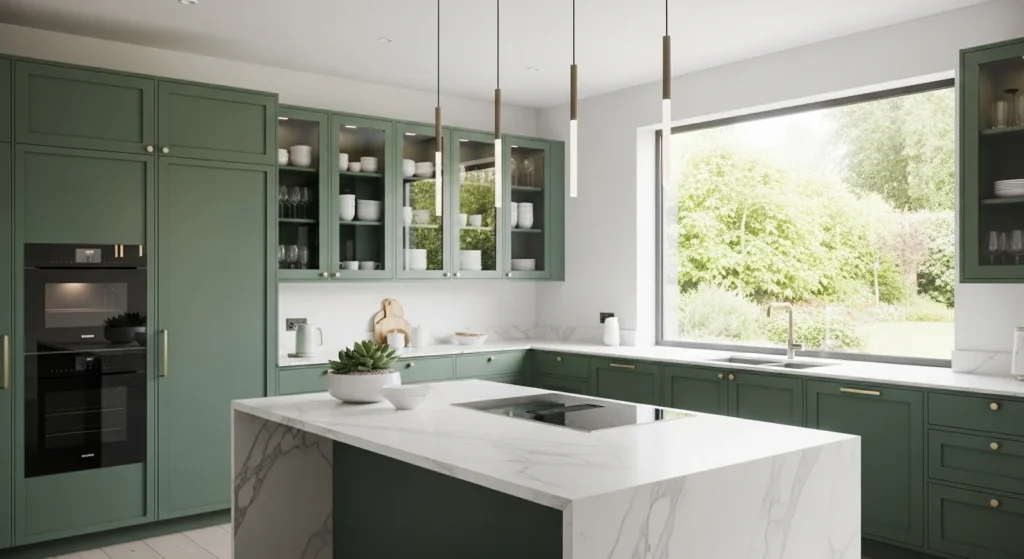 Elegant green kitchen cabinets with glass doors showcasing modern storage style