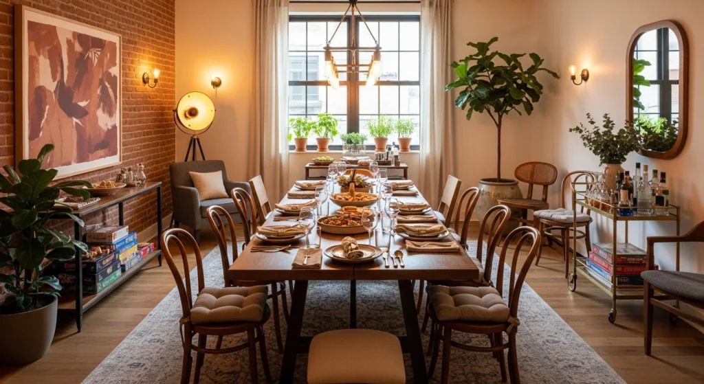 Dining room designed as a social hub with a long table, warm lighting, and inviting atmosphere