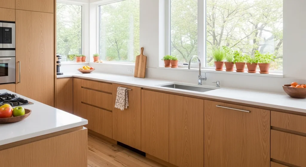 Sustainable kitchen with natural materials and energy-efficient modern appliances 2026