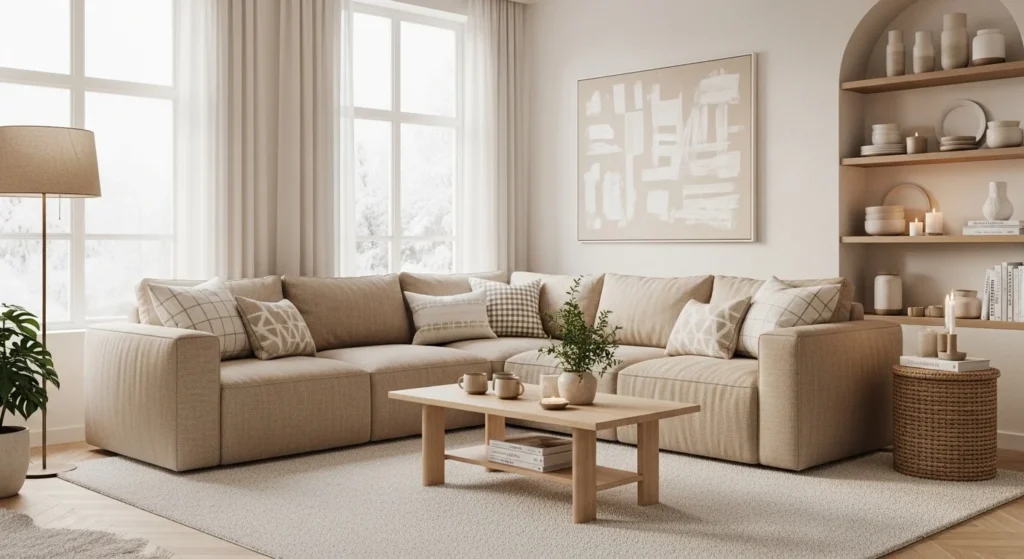 Scandinavian living room with beige and white tones creating cozy modern look