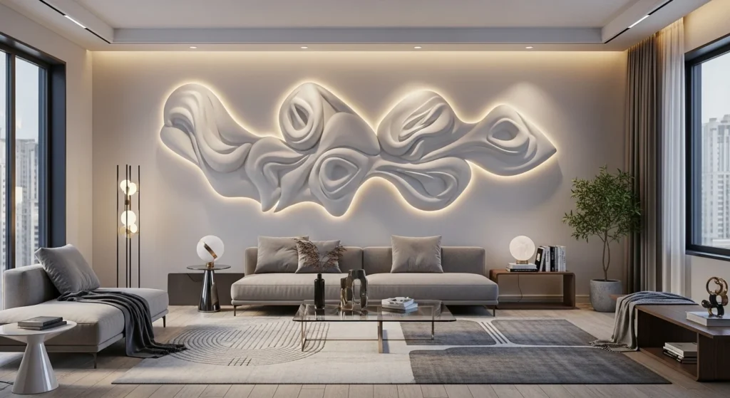 Gold-accented wall art adding elegance and luxury to a contemporary living room