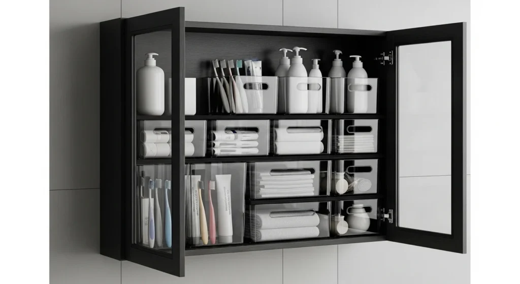 mirror cabinet with hidden storage shelves for bathroom essentials