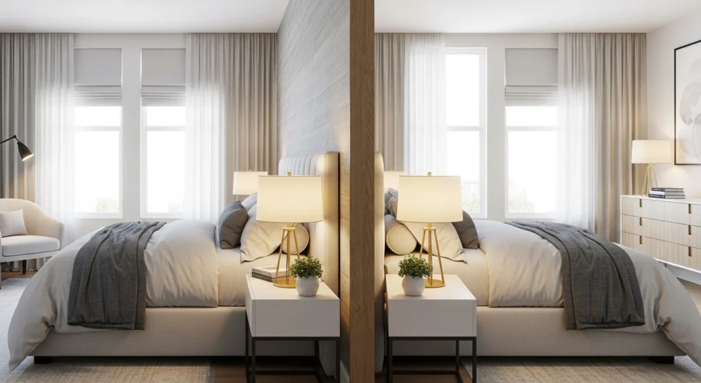 Large decorative bedside lamp acting as bold bedroom design feature