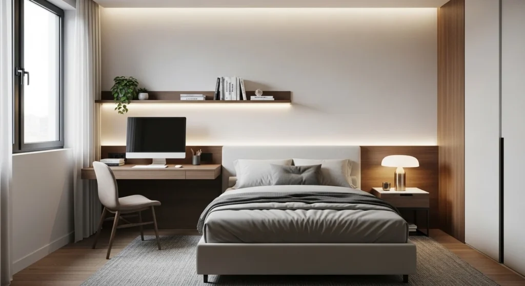 Bedroom with compact study desk designed for modern work-from-home lifestyle