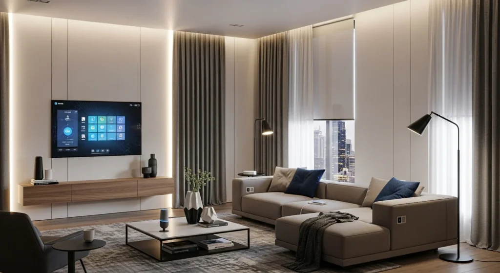 Modern living room with smart lighting and automated curtains, stylish and functional 2026 interior