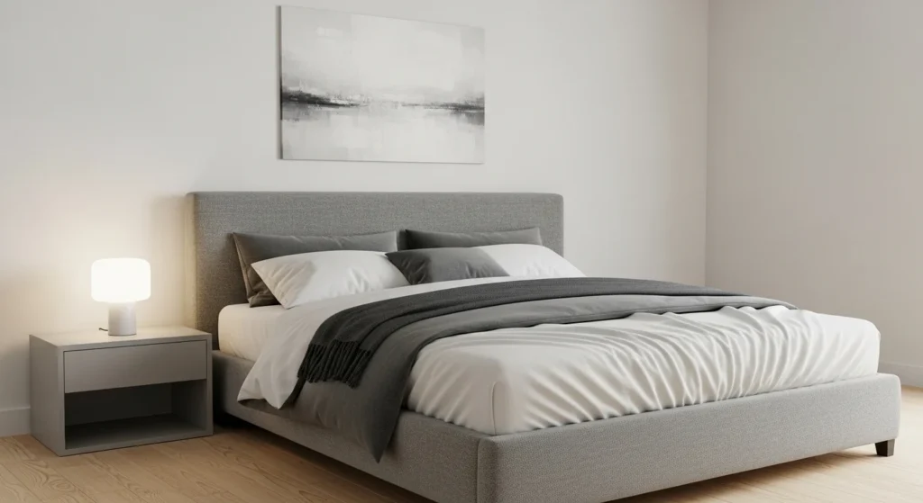 Calm grey bedroom with functional furniture and cozy minimalist design for 2026