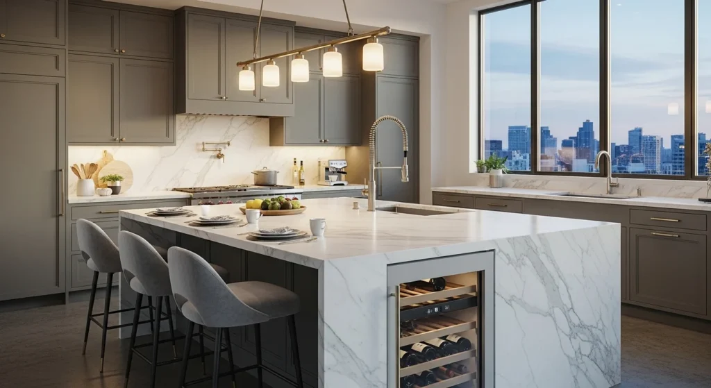 Modern kitchen with large marble island, built-in sink and wine cooler, elegant seating, 2026 luxury design
