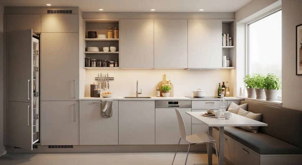Compact modern kitchen with smart storage and minimalist layout