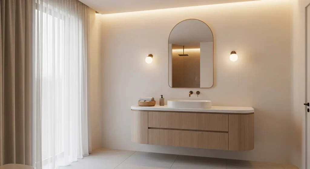 modern bathroom featuring curved vanity and rounded mirror elements