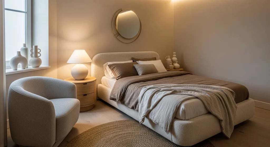 small bedroom designed with curved furniture shapes creating soft modern interior flow