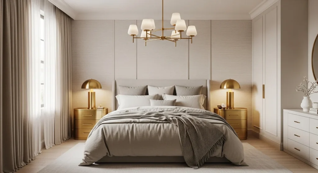 Neutral bedroom enhanced with brass accents for a subtle luxury appearance.