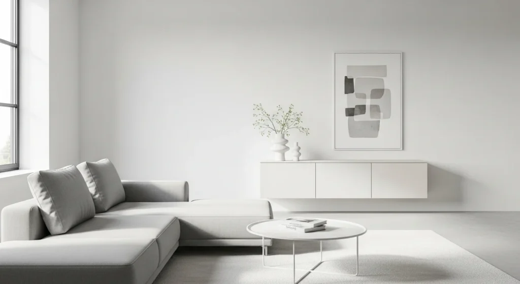 Clean white living room with minimal decor and modern minimalist styling