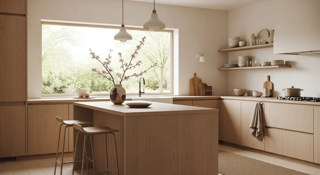 Japandi kitchen combining Scandinavian warmth and Japanese minimalism