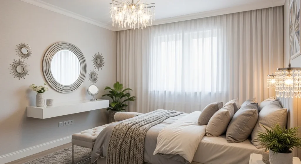 modern girls bedroom featuring decorative mirrors enhancing light and space