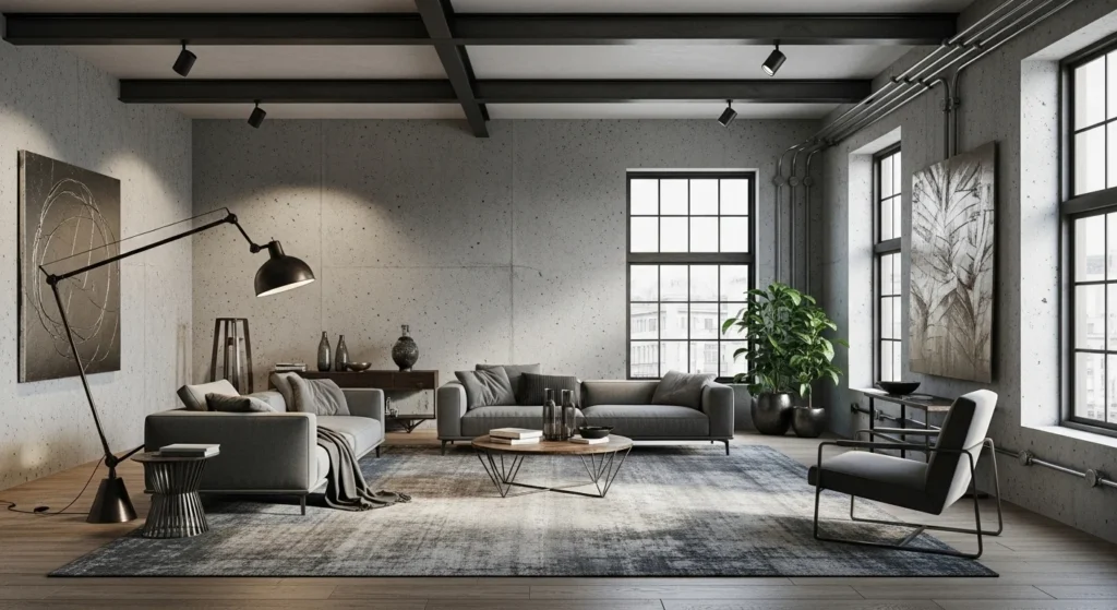 Industrial gray living room with concrete textures and metal accents.
