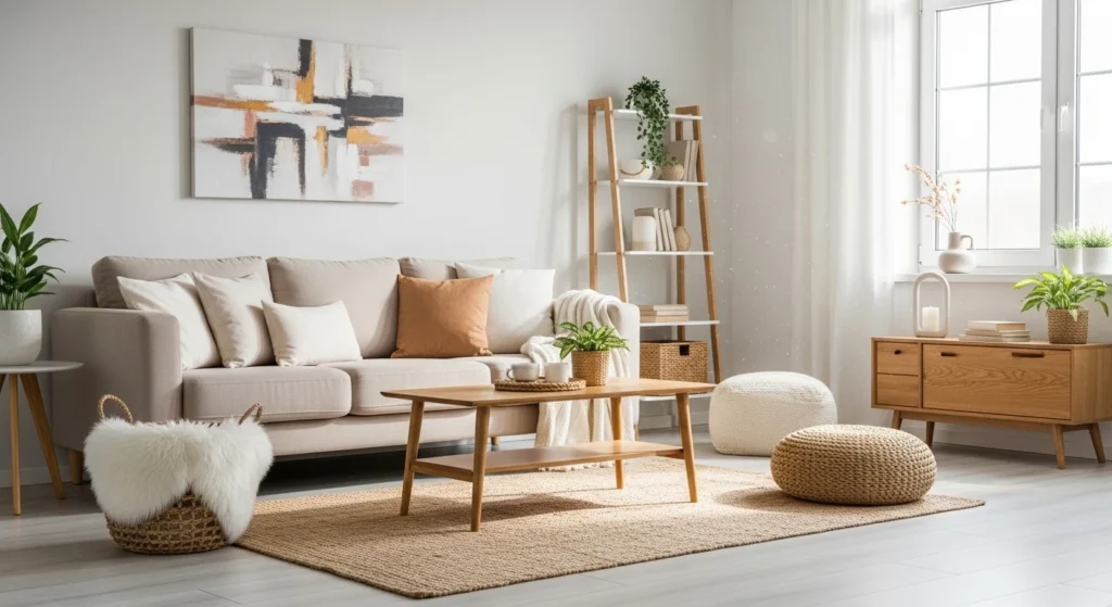 Neutral apartment living room enhanced with warm wooden furniture elements