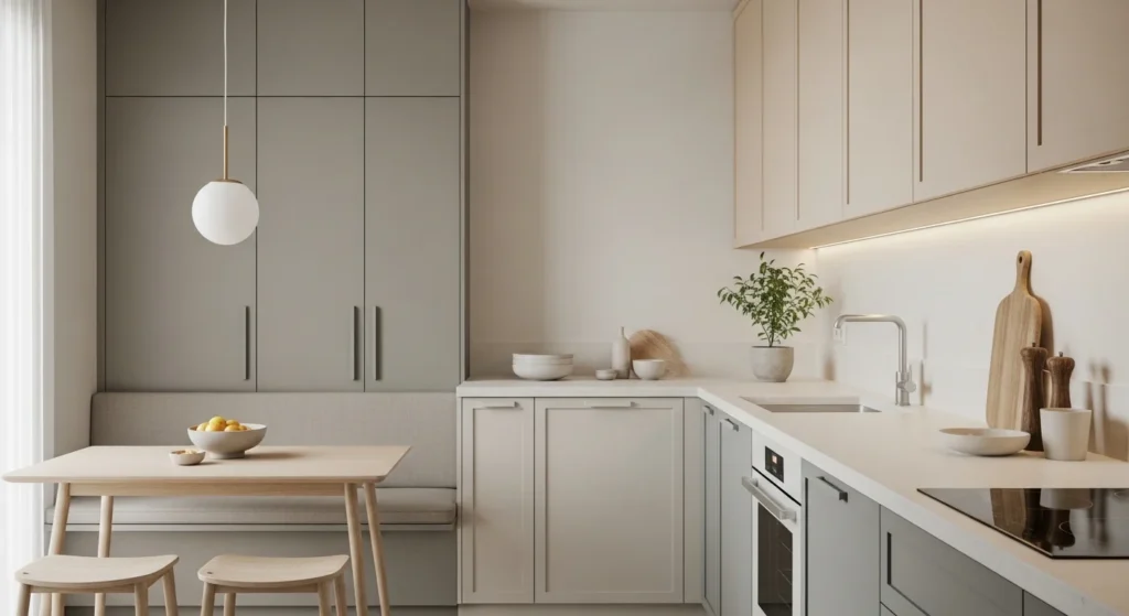 Small kitchen with minimal decor and clean neutral styling for a modern look