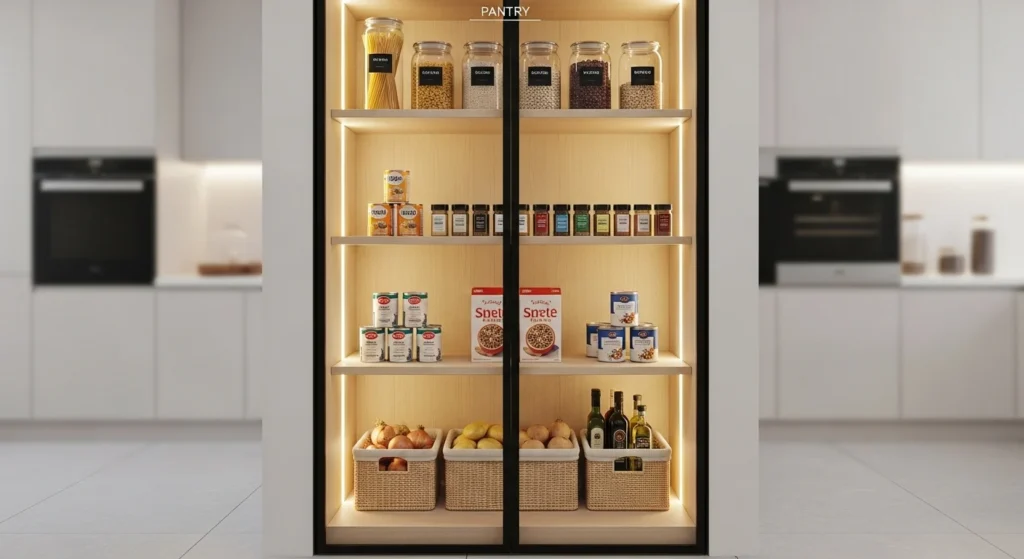 Small pantry with glass door showing neatly organized shelves and containers