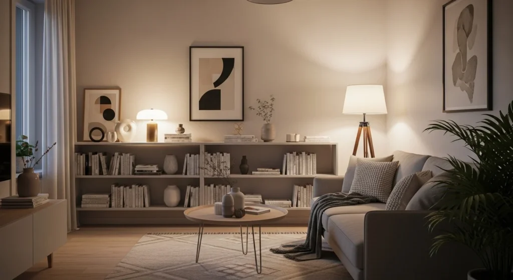 Compact living room with styled open shelves displaying minimal decor items