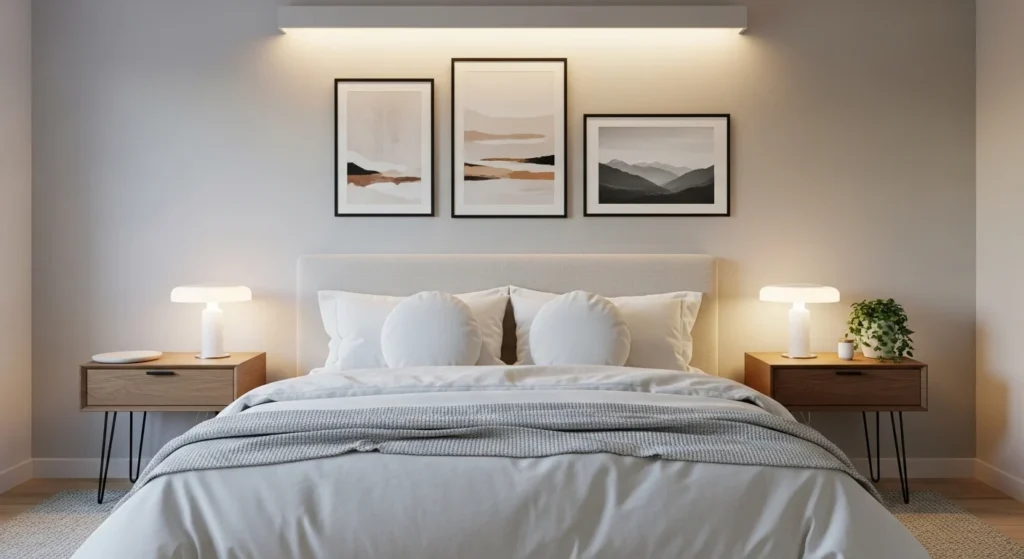 Guest bedroom with gallery wall featuring neutral artwork and modern decor