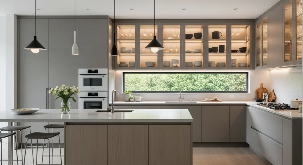 Modern kitchen with glass-front cabinets showcasing stylish storage design.