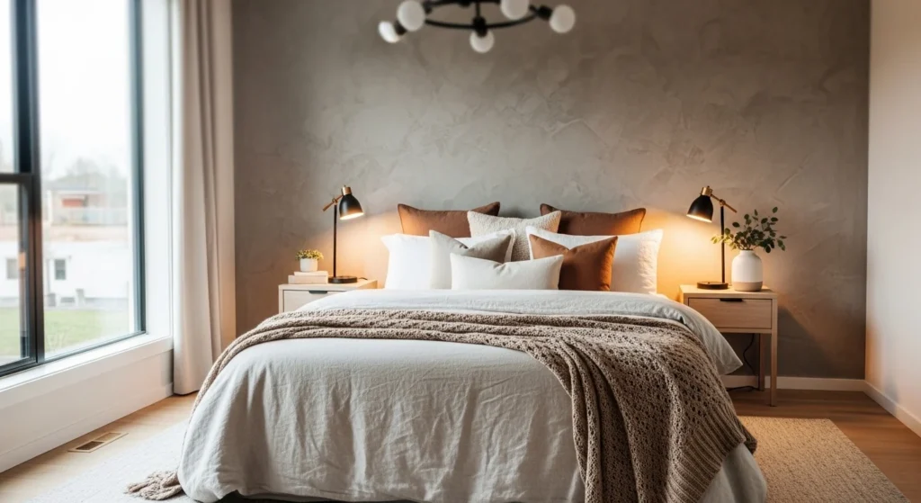 Modern cozy bedroom featuring warm textured accent wall behind bed