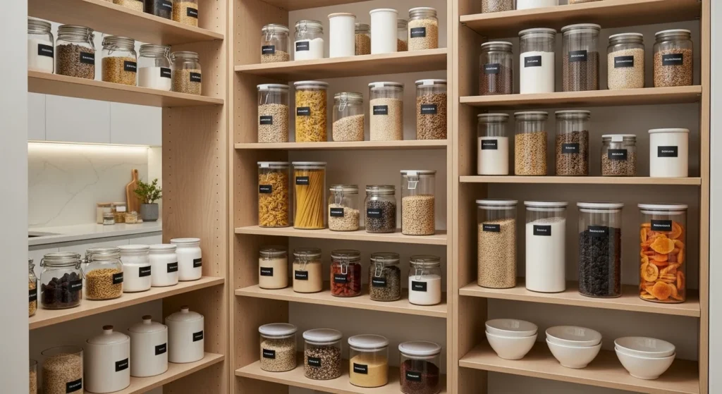 Flexible adjustable pantry shelves storing different container sizes