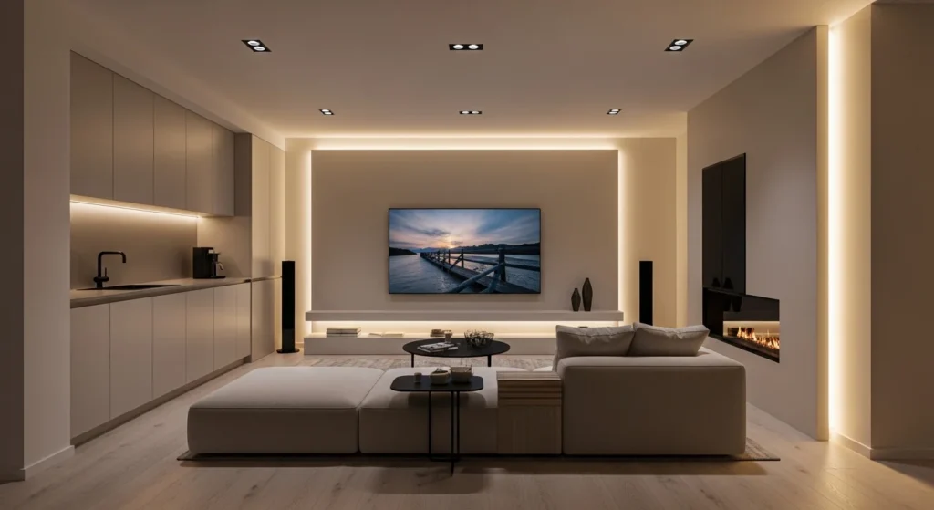 Modern open kitchen living room with smart lighting and integrated home technology