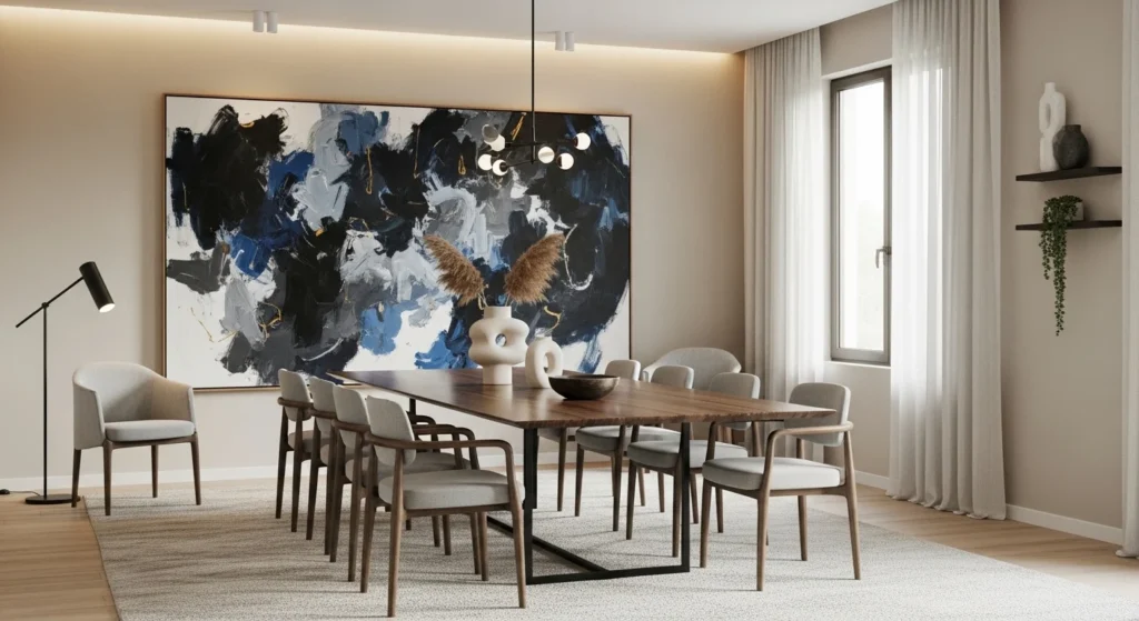 Contemporary dining room with large artwork serving as focal point