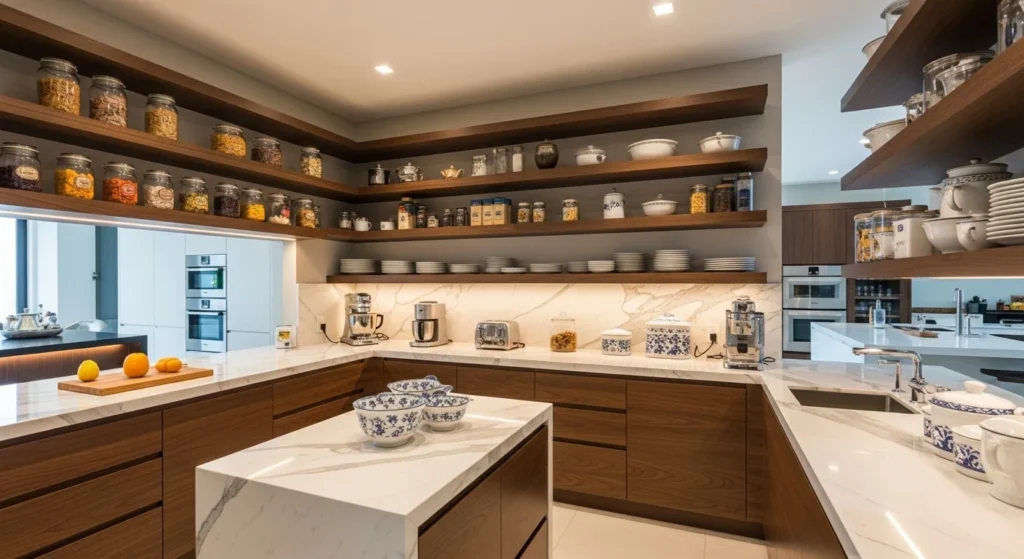 high-end walk-in pantry with marble countertops and elegant shelving