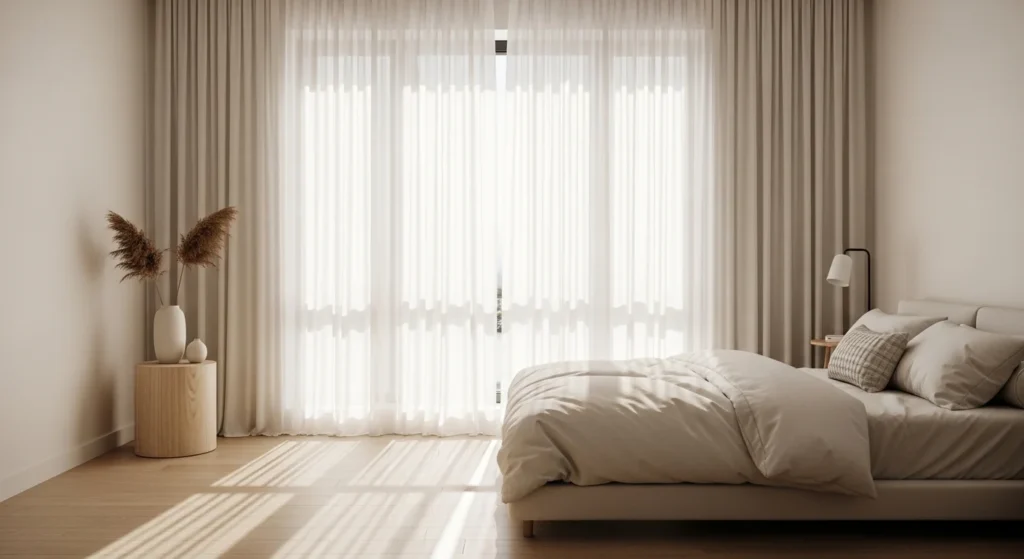 Airy minimalist bedroom with sheer curtains allowing soft natural light inside