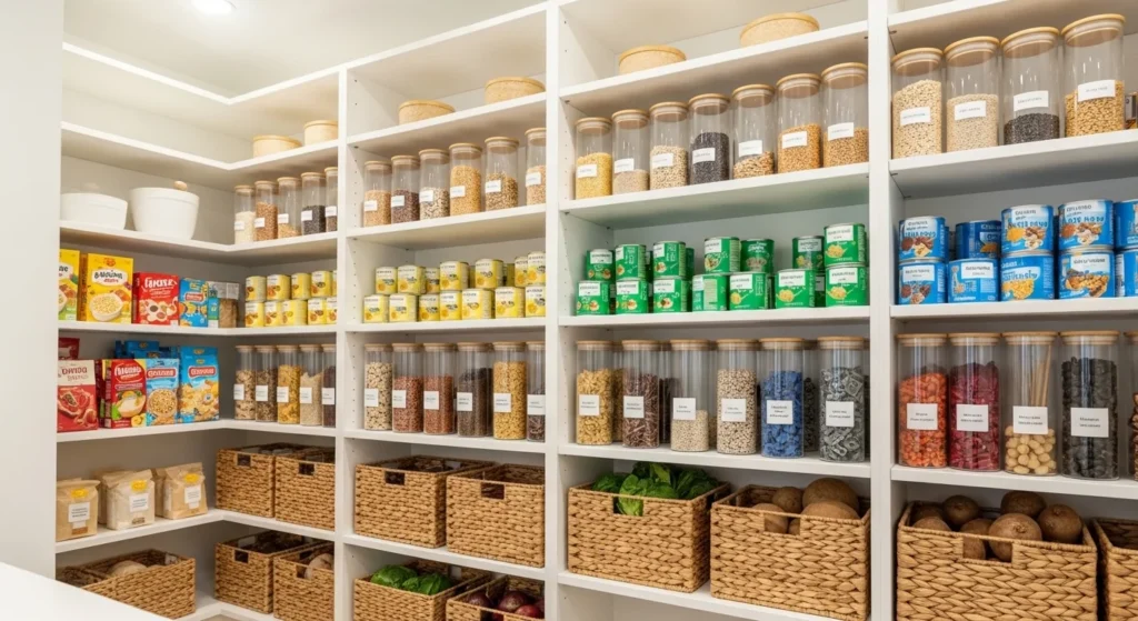 Pantry shelves organized by color creating an aesthetic kitchen storage look.