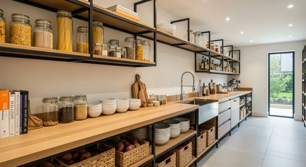 Walk-in pantry with built-in counter space for food prep and appliance use