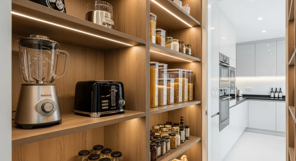Pantry design storing small kitchen appliances neatly inside organized cabinets
